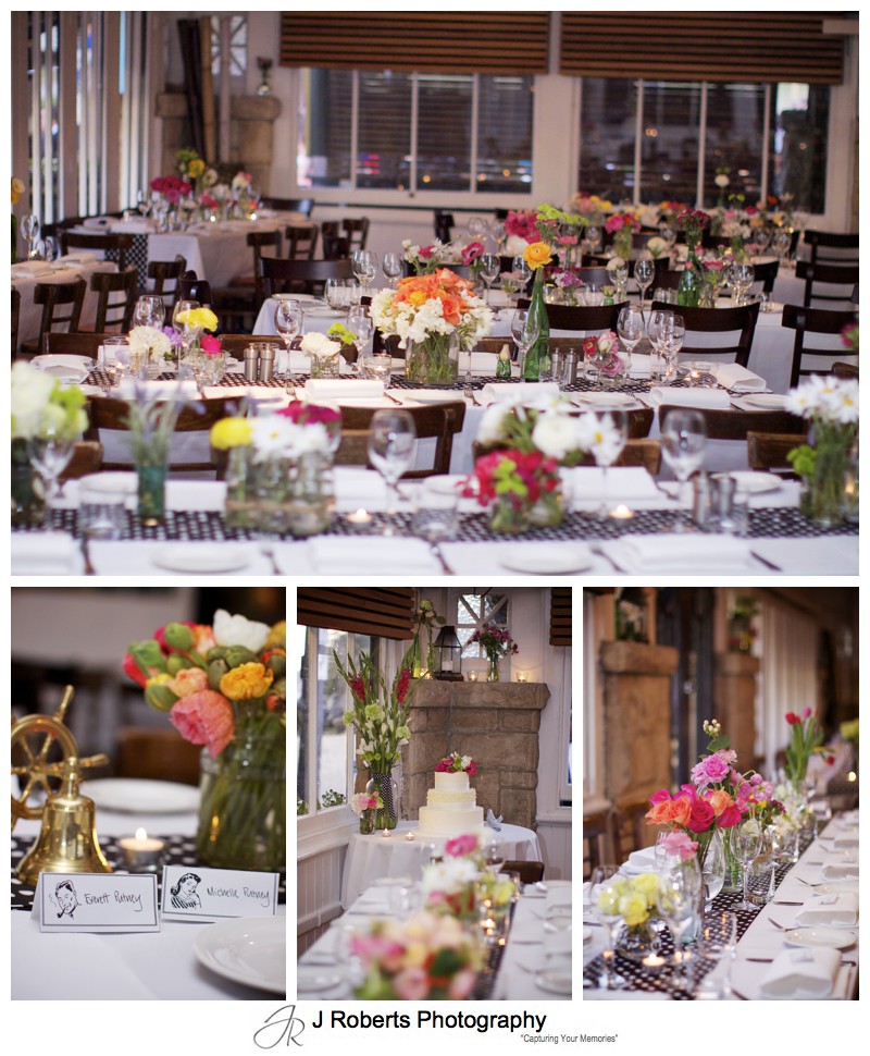 Le Kiosk Manly set for a wedding reception with lots of bright colourful flowers - sydney wedding photography 